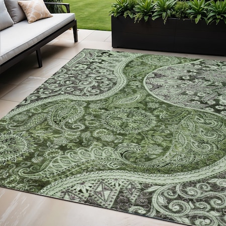 Homeroots 5' X 8' Olive Green Charcoal And Gray Floral Medallion Washable Indoor Outdoor Area Rug 603186