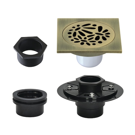 Kingston Brass 4" Brass Square Grid Shower Drain with Hair Strainer and Base Flange, Antique Brass BSFK6360AB