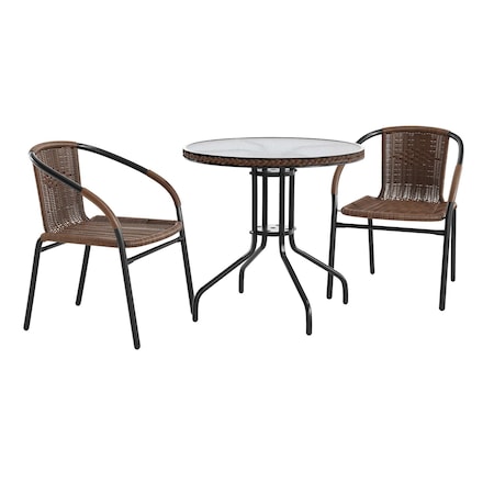 Flash Furniture Round Table Set, Aluminum, Glass, Metal, Plastic, Rattan, Clear TLH-087RD-037BN2-GG