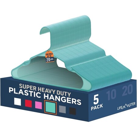 Lifemaster Heavy-Duty Plastic Hangers, Non-Slip, Space-Saving, Holds 5 lbs, Aqua, 5PK LMPLCAQA5