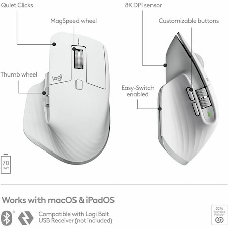 Logitech MX MASTER 3S FOR MAC PERFORMANCE WIRELESS MOUSE PALE GREY 910-006570