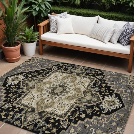 Homeroots 9' X 12' Black Gray And Ivory Oriental Washable Indoor Outdoor Area Rug 600142