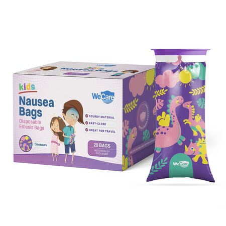Wecare Kids Emesis Bags For Nausea and Motion Sickness, Individually Wrapped, Dinosaur Print, 20PK WMN100191