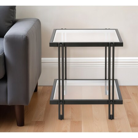 Homeroots 22" Black And Clear Glass And Steel Square End Table With Shelf 544196