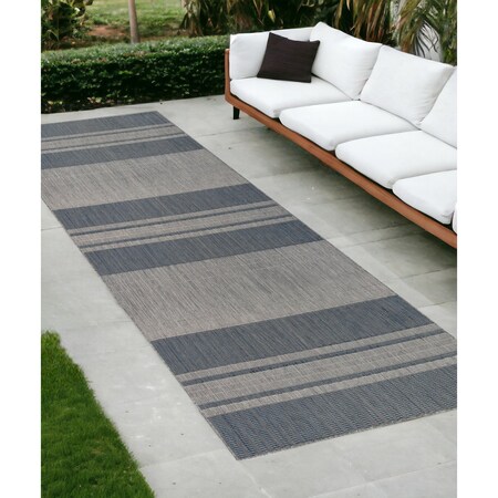 Homeroots 8' Runner Blue and Gray Striped Stain Resistant Indoor Outdoor Runner Rug 531643