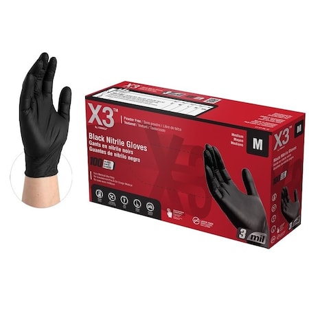Ammex Disposable Gloves, 3 mil Palm, Nitrile, Powder-Free, M, Black BX344100