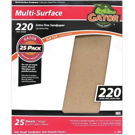 Gator 3260 Sanding Sheet, 11 in L, 9 in W, 220 Grit, Extra Fine, Aluminum Oxide Abrasive 4205