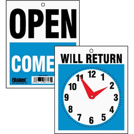 U.S. Stamp & Sign Headline, Double-Sided Open/will Return Sign W/clock Hands, Plastic, 7 1/2 X 9 9382