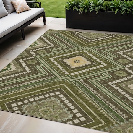 Homeroots 5' X 8' Olive Green Gray And Ivory Tribal Washable Indoor Outdoor Area Rug 598143