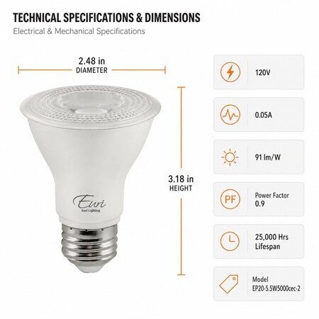 Euri Lighting PAR20 LED Bulbs, 5.5W, 500 lm, 50W Eq., 3000K, E26, Dimmable, CEC/JA8/UL, 2PK EP20-5.5W5000cec-2