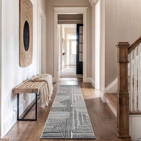 World Rug Gallery Modern Maze Runner Rug 2 ft 3 in x 12 ft Cream WR148CREAM27X12