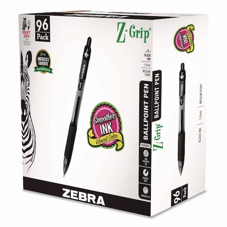 Zebra Pen Z-Grip Ballpoint Pen, Retractable, Medium, 1 mm, Black Ink, Clear/Black Barrel, 96PK 22196