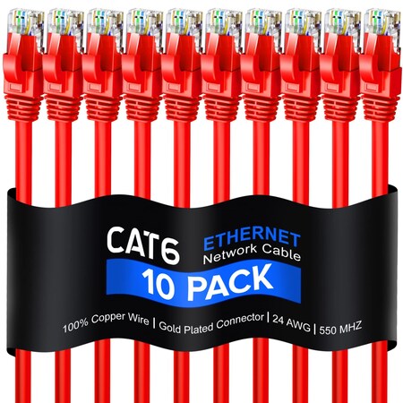 Maximm Cat6 Ethernet Cable 7ft 10Gbps 550MHz UTP, 10PK, Red, 10PK CAT6-7RD10PK
