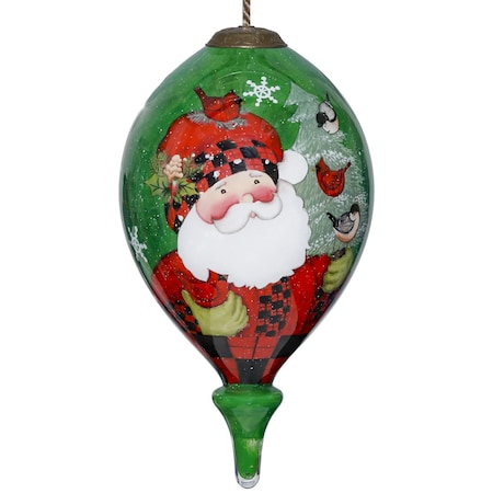 Homeroots Plaid Santa with Cardinals Hand Painted Mouth Blown Glass Ornament 477496