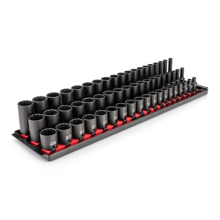 Tekton 3/8in Dr Shallow, Semi-Deep, and Deep 12pt Impact Socket Set w/Rails and Trays, 57pc (6-24 mm) SID91123
