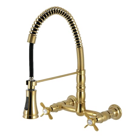 Kingston Brass Double-Handle Wall-Mount Pre-Rinse Bridge Kitchen Faucet, Brushed Brass GS1247BEX