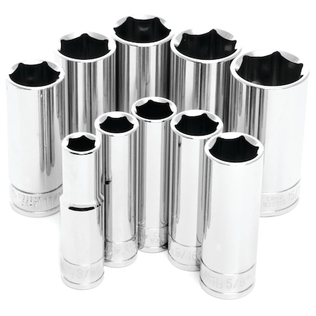 Performance Tool 10 pc. 3/8 in. Dr. SAE Deep Socket Set, Plastic Rail, Corrosion Resistant W38300