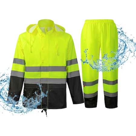 Protectx Safety Rain Jacket and Pant Suits, Polyester, Class Class 2 Neon Green, M ST-RS150D-GNBK-M-01
