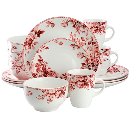 Elama Traditional Red Rose 16 Piece Stoneware Dinnerware Set EL-RED-ROSE