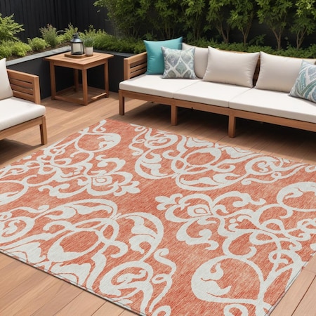 Homeroots 8' X 10' Coral And Ivory Damask Washable Indoor Outdoor Area Rug 614422