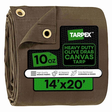 Tarpex Heavy Duty Tarp, 14 ft x 20 ft, Olive Drab, Canvas CTOD10-TA-1420
