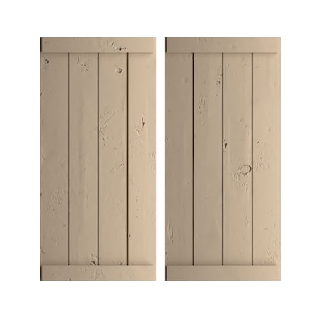 Ekena Millwork Rustic Four Board Joined Board-n-Batten Knotty Pine Faux Wood Shutters w/End Batten, 22W x 76H, PR SHUBJE22X76KPPR
