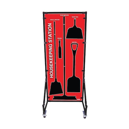 5S Supplies Housekeeping Shadow Board Broom Station V17, Red, Kit + Stand HSB-V17-RED-KIT-STAND