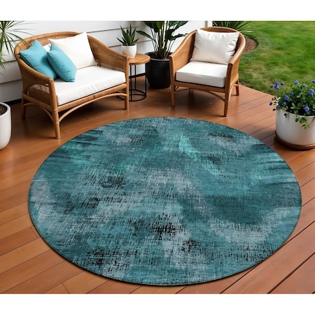 Homeroots 8' Teal Blue Aqua And Gray Round Abstract Washable Indoor Outdoor Area Rug 587154