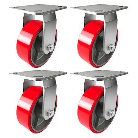 Hyw Products Heavy Duty Caster Set 5in Red Polyurethane on Cast Iron Wheels, 4 Rigid, 4PK 40-50R-A1-PC-4 (R)