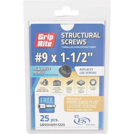 Grip-Rite PrimeGuard Plus No.9x1.5'' Hex Washer Head Structural Screw, 25-Count GRSSHW911225