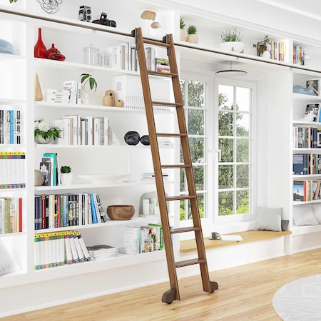 Quiet Glide 8.06 ft. Walnut Contemporary Wheel Bronze Rolling Hook Removable Ladder, 12 ft. Rail QG.540-8WA-12-H.07