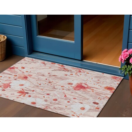 Homeroots 3' X 5' Salmon And Coral Floral Washable Indoor Outdoor Area Rug 611168