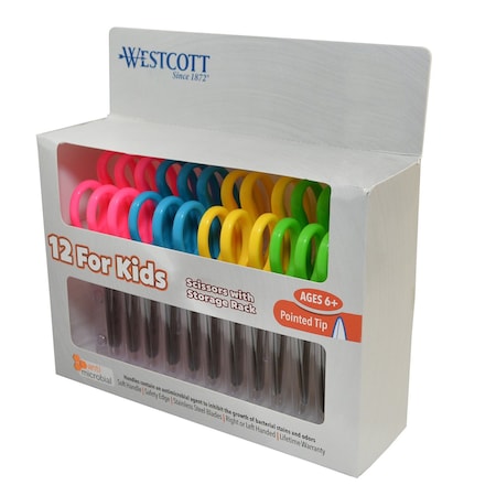 Westcott Kids Pointed 5" Scissors with Storage Rack, Anti-Microbial Protection, Assorted Colors, 12PK 14872