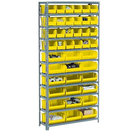 Global Industrial Steel Open Shelving - 36 Yellow Plastic Stacking Bins 10 Shelves - 36x12x73 603253YL
