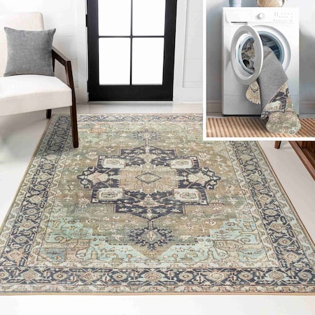 Jonathan Y Maris Ornate Medallion Non-Slip Machine-Washable Green/Tan/Blue 4 ft. x 6 ft. Area Rug WSH109E-4