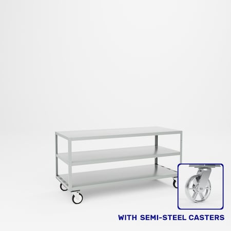 Pucel Three Shelf Mobile Table, 60 in W x 24 in D x 30 in H, Light Blue MT-2460-3S