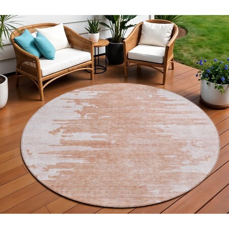 Homeroots 8' Terra Cotta Salmon And Copper Round Abstract Washable Indoor Outdoor Area Rug 582454