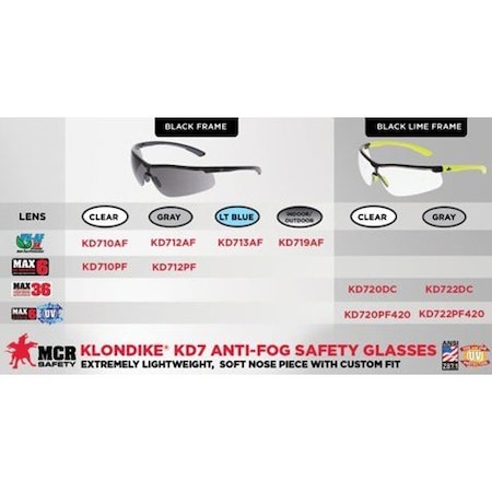 Mcr Safety Klondike (KD7), Safety Glasses, Anti-Fog, Gray Lens, Black/Gray Frame, Half Frame KD712AF