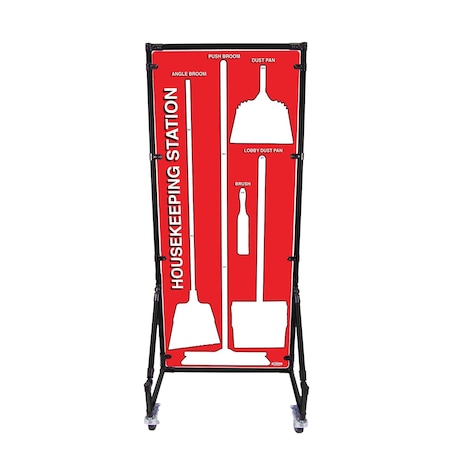 5S Supplies Housekeeping Shadow Board Broom Station V1, Red / White Shadows, Kit HSB-V1-RED/WHITE-KIT