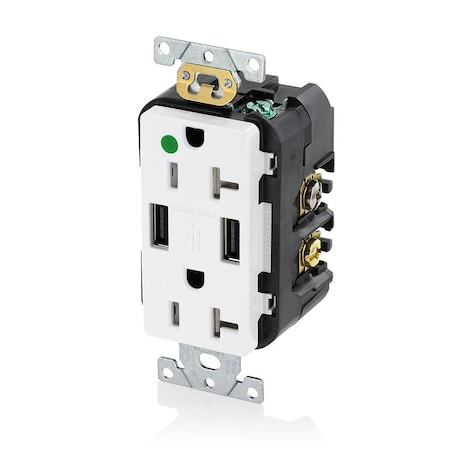 Leviton USB Charger/Duplex Tamper-Resistant Receptacle, Hospital Grade, 3.6/20 Amp, 125 Volt, White T5832-HGW