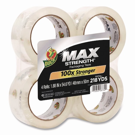 Duck Brand Max Packing Tape, 3in Core, 1.88in x 54.6 yds, Crystal Clear, 4PK 241511