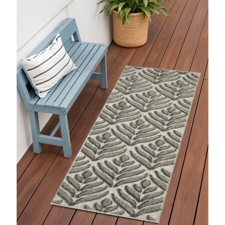 Homeroots 6' Charcoal And Beige Botanical Leaves Indoor Outdoor Runner Rug 564011