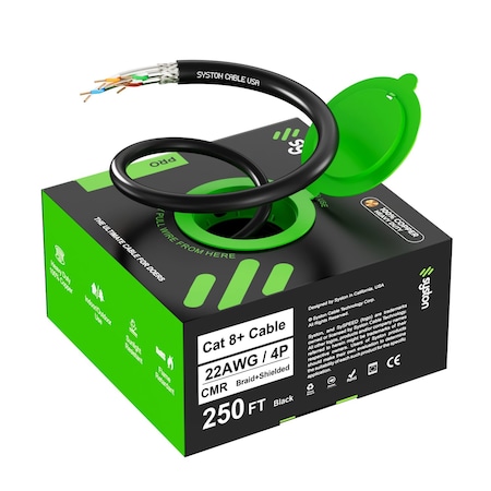 Syston Cable Technology Cat 8 Ethernet Cable S/FTP Bulk, 250ft, Black, 2000 MHz 22 AWG Solid Copper, CL2R CMR Riser-Rated BULK1588-250BK