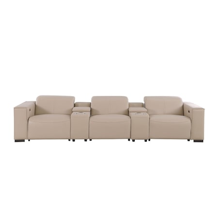 Homeroots 136" Beige Top Grain Leather Reclining USB Sofa And Storage 720312