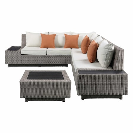 Homeroots Beige Polyester Modular L Shaped Four Piece Standard With Console And Toss Pillows 318798