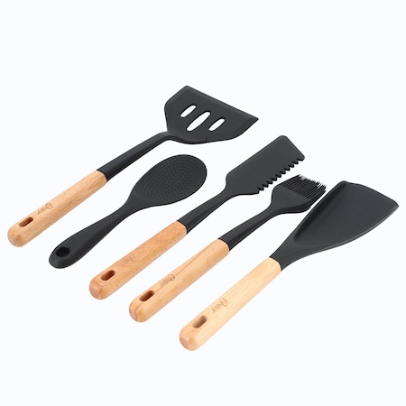 Oster Marion 5 Piece Silicone and Wood Kitchen Tool Set in Black 143736.05