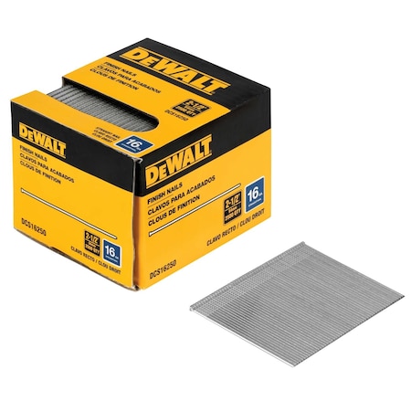 Dewalt Collated Finishing Nail, 2-1/2 in L, 16 ga, Bright, T-Head Head, Straight, 2500 PK DCS16250