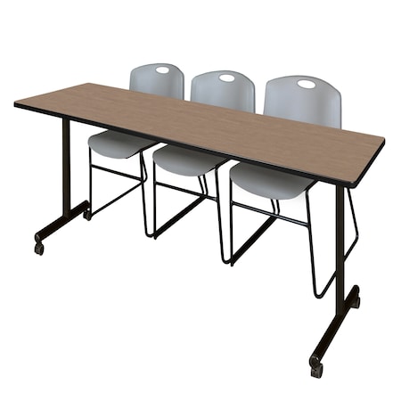 Regency Kobe Mobile T-Base Training Table W/ 2 Zeng Stack Chairs, 84 in W, 24 in L, Noble Oak MKTRCC8424NO44GY