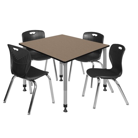 Regency Square Kee Adjustable Classroom Table W/ 4 Andy Stack Chairs, 48 in W, 48 in L, Noble Oak TB4848NOAPGY40BK