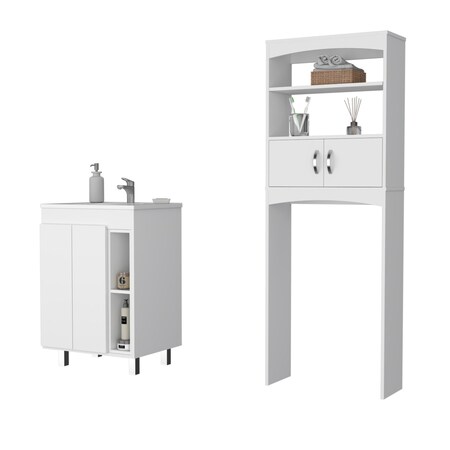 Homeroots Set Of Two White Wood Freestanding Bathroom Vanity With Silver Sink, 2PK 546360